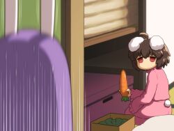 Rule 34 | 2girls, ahoge, animal ears, blurry, blurry background, carrot, censored, commentary request, depth of field, dress, holding, holding carrot, inaba tewi, looking at another, mosaic censoring, multiple girls, no mouth, pink dress, rabbit ears, rabbit tail, red eyes, reisen udongein inaba, sexually suggestive, shirosato, short hair, solo focus, tail, tareme, touhou