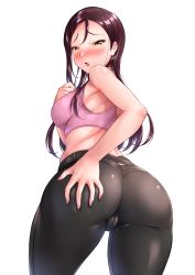 Rule 34 | 1girl, absurdres, ass, ass grab, bare shoulders, blush, bra, breasts, cameltoe, chishio (onoderayui), from behind, grabbing own ass, grey pants, highres, large breasts, long hair, looking at viewer, looking back, love live!, love live! sunshine!!, nail polish, nose blush, pants, pink bra, pink nails, purple hair, sakurauchi riko&#039;s mother, simple background, skin tight, solo, sports bra, sweat, underwear, white background, yellow eyes, yoga pants