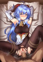 Rule 34 | 1boy, 1girl, ahoge, armpits, arms behind head, arms up, asarime, bad id, bad pixiv id, bare shoulders, bell, black gloves, black pantyhose, blue hair, blush, bodystocking, breasts, brown pantyhose, clothed female nude male, clothed sex, detached sleeves, dress, elbow gloves, ganyu (genshin impact), genshin impact, gloves, heart, heart-shaped pupils, hetero, highres, horns, large breasts, long hair, looking at viewer, lying, male pubic hair, missionary, nude, on back, pantyhose, penis, pubic hair, purple eyes, pussy, sex, spread legs, symbol-shaped pupils, thighs, torn clothes, torn legwear, vaginal, white dress