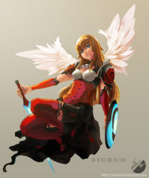 Rule 34 | angel wings, armor, blue eyes, brown hair, corset, energy, feathered wings, lace, lace-trimmed legwear, lace trim, long hair, magic, mirage noir, patterned legwear, pinstripe pattern, shield, sigrun (mirage noir), striped, sword, tagme, thighhighs, valkyrie, weapon, wings