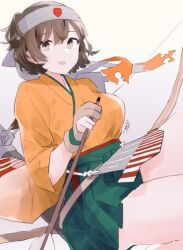 Rule 34 | 1girl, archery, arrow (projectile), bonozako, bow (weapon), breasts, brown hair, commentary request, flight deck, gloves, gradient background, green hakama, hakama, hakama short skirt, hakama skirt, headband, hiryuu (kancolle), holding, holding arrow, holding bow (weapon), holding weapon, japanese clothes, kantai collection, kyuudou, large breasts, one side up, partially fingerless gloves, partly fingerless gloves, pink background, quiver, short hair, skirt, solo, weapon, yugake