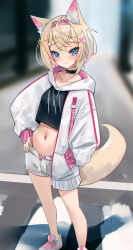 Rule 34 | 1girl, absurdres, animal ear fluff, animal ears, black choker, black shirt, blonde hair, breasts, choker, cropped shirt, dog ears, dog girl, dog tail, hair ornament, hand in pocket, hand on own hip, highres, hololive, hololive english, jacket, looking at viewer, medium hair, mococo abyssgard, multicolored hair, panties, pink hair, pink panties, rifufu, shirt, shoes, short shorts, shorts, small breasts, smile, sneakers, solo, streaked hair, tail, two side up, underwear, virtual youtuber, white footwear, white jacket, x hair ornament