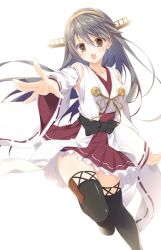 Rule 34 | 10s, 1girl, black hair, black thighhighs, breasts, brown eyes, collarbone, detached sleeves, dress, floating hair, frilled dress, frills, hair between eyes, hairband, haruna (kancolle), headgear, inugami kira, jpeg artifacts, kantai collection, knee up, large breasts, long hair, nontraditional miko, outstretched arm, ribbon-trimmed sleeves, ribbon trim, simple background, solo, standing, thighhighs, white background, wide sleeves