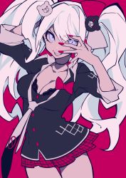 Rule 34 | 1girl, :d, big hair, black choker, black jacket, bow, bra, bra peek, breasts, choker, cleavage, cowboy shot, danganronpa: trigger happy havoc, danganronpa (series), enoshima junko, fingernails, hair bow, hair ornament, hand over eye, hands up, highres, jacket, large breasts, long hair, looking at viewer, mochizuki kei, nail polish, necktie, open mouth, pleated skirt, purple eyes, red background, red bra, red nails, red skirt, simple background, skirt, sleeves rolled up, smile, solo, spoilers, thigh gap, twintails, underwear, white hair