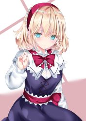 Rule 34 | 1girl, :/, alice margatroid, blonde hair, blue dress, blue eyes, blush, bow, bowtie, closed mouth, cowboy shot, cross-laced clothes, dress, expressionless, gradient background, hair between eyes, hairband, hand up, highres, looking to the side, medium hair, nail polish, nanase nao, pink background, red bow, red bowtie, red hairband, red nails, simple background, solo, touhou, white background