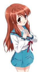 Rule 34 | 1girl, asahina mikuru, blue sailor collar, blue skirt, collarbone, commentary request, embarrassed, female focus, from above, highres, kita high school uniform, long hair, long sleeves, looking at viewer, open mouth, orange eyes, orange hair, red ribbon, ribbon, sailor collar, school uniform, serafuku, simple background, sincos, skirt, solo, suzumiya haruhi no yuuutsu, thighs, white background