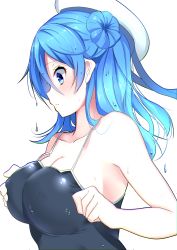 Rule 34 | 10s, 1girl, absurdres, adjusting clothes, adjusting swimsuit, blue eyes, blue hair, blush, breasts, chromatic aberration, cleavage, collarbone, from side, hair bun, hat, highres, kantai collection, large breasts, long hair, matching hair/eyes, nebusoku, one-piece swimsuit, simple background, single hair bun, solo, swimsuit, upper body, urakaze (kancolle), wet, white background, white hat