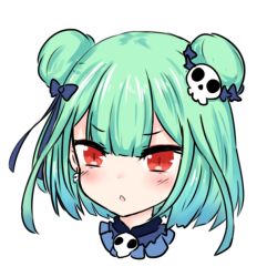 Rule 34 | 1girl, bailingxiao jiu, blue bow, blue ribbon, blush, bow, double bun, earrings, green hair, hair bow, hair bun, hair ornament, hololive, jewelry, looking at viewer, parted lips, portrait, red eyes, ribbon, short hair, simple background, skull earrings, skull hair ornament, solo, uruha rushia, uruha rushia (1st costume), v-shaped eyebrows, virtual youtuber, white background