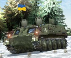 Rule 34 | armored personnel carrier, armored vehicle, caterpillar tracks, commentary request, day, grass, headlight, mikeran (mikelan), military vehicle, no humans, open hatch, original, outdoors, pine tree, snow, tree, ukraine, ukrainian flag, vehicle focus