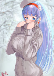 Rule 34 | 1girl, adjusting collar, artist name, blue eyes, blue hair, blurry, blurry background, blush, breasts, cherosuke2015, dated, earrings, grey sweater, hands up, headband, highres, jewelry, large breasts, long hair, long sleeves, looking at viewer, lucille (sennen sensou aigis), outdoors, red headband, sennen sensou aigis, solo, standing, sweater, tilted headwear, turtleneck, turtleneck sweater