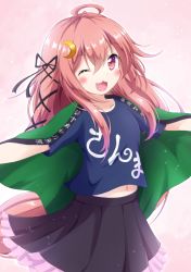 Rule 34 | 1girl, ;3, ;d, ahoge, clothes writing, commentary request, crescent, crescent hair ornament, gu-rahamu omega x, hair ornament, happi, japanese clothes, kantai collection, long hair, looking at viewer, midriff peek, navel, one eye closed, open mouth, outstretched arms, pink eyes, pink hair, pleated skirt, rabbit hair ornament, skirt, smile, solo, spread arms, translation request, uzuki (kancolle)
