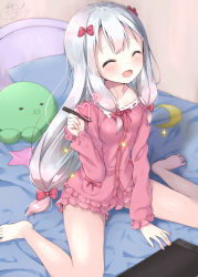 Rule 34 | 10s, 1girl, :d, ^ ^, artist name, barefoot, bed, bedroom, blush, bow, closed eyes, collarbone, drawing tablet, eromanga sensei, frills, hand up, heart, indoors, izumi sagiri, long hair, long sleeves, looking at viewer, on bed, open mouth, pajamas, pink bow, signature, silver hair, sitting, smile, solo, stuffed animal, stuffed octopus, stuffed toy, stylus, tareme, thighs, uchuuneko, wariza