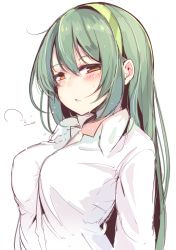 Rule 34 | 1girl, blush, breasts, green hair, hairband, half-closed eyes, large breasts, long hair, looking at viewer, otokuyou, parted lips, shirt, simple background, sketch, solo, touhoku zunko, upper body, vocaloid, voiceroid, white shirt, yellow eyes