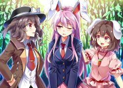 Rule 34 | 3girls, ;o, animal ears, bamboo, bamboo forest, belt, black hat, blazer, blue jacket, bow, brown hair, brown jacket, buttons, carrot necklace, collared shirt, dress shirt, e.o., fedora, floppy ears, forest, frilled sleeves, frills, hair bow, hands in pockets, hat, hat bow, inaba tewi, jacket, jewelry, long hair, long sleeves, multiple girls, nature, necklace, necktie, one eye closed, open clothes, open jacket, open mouth, pink hair, pink skirt, plant, pleated skirt, pocket, profile, puffy short sleeves, puffy sleeves, rabbit ears, red eyes, red necktie, red ribbon, reisen udongein inaba, ribbon, ribbon-trimmed sleeves, ribbon trim, shirt, short hair, short sleeves, sidelocks, skirt, touhou, unbuttoned, usami renko, very long hair, white bow, white shirt, wing collar