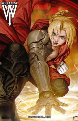 Rule 34 | 1boy, artist name, black pants, blonde hair, boots, braid, ceasar ian muyuela, coat, edward elric, fullmetal alchemist, hood, hooded coat, kneeling, looking at viewer, magic, magic circle, male focus, mechanical arms, open clothes, open mouth, pants, red coat, single braid, single mechanical arm, solo, topless male, yellow eyes