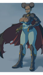 Rule 34 | 1girl, belt, black hair, bodysuit, boots, breasts, brown eyes, cape, cleavage, cleavage cutout, clothing cutout, dark skin, dark-skinned female, dc comics, double bun, female focus, fingerless gloves, full body, gloves, high heel boots, high heels, looking at viewer, mikoyan, power girl, solo, standing, tanya spears, tattoo, teen titans