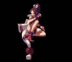 Rule 34 | animated, animated gif, bare legs, breasts, brown hair, cleavage, hand fan, high ponytail, japanese clothes, kicking, king of fighters xiii, large breasts, long hair, lowres, midair, ninja, no bra, pelvic curtain, pixel art, ponytail, revealing clothes, shiranui mai, sideboob, tabi, the king of fighters, the king of fighters xiii