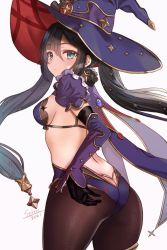 Rule 34 | 1girl, aqua eyes, ass, back, bare shoulders, black gloves, black hair, black pantyhose, blue hat, blue leotard, blush, breasts, butt crack, detached sleeves, earrings, elbow gloves, genshin impact, gloves, gold trim, hat, hat ornament, highleg, highres, jewelry, leotard, long hair, looking at viewer, looking back, medium breasts, mona (genshin impact), pantyhose, seiru (prairie), solo, star (symbol), star earrings, thighlet, thighs, twintails, witch hat