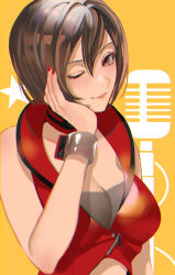 Rule 34 | 1girl, bare shoulders, bracelet, breasts, brown eyes, brown hair, cleavage, closed mouth, commentary request, crop top, hair between eyes, hand on own cheek, hand on own face, jewelry, large breasts, meiko (vocaloid), meiko (vocaloid3), meriko, microphone, nail polish, one eye closed, red nails, red shirt, shirt, short hair, sleeveless, smile, vocaloid, yellow background