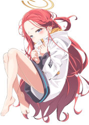 Rule 34 | 1girl, bare legs, barefoot, blue archive, blue eyes, braid, closed mouth, commentary request, halo, highres, jacket, long hair, long sleeves, looking at viewer, mukai, red hair, simple background, solo, thighs, toes, very long hair, white background, white jacket, yellow halo, yuzu (blue archive)