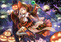 Rule 34 | 1girl, argyle, argyle clothes, argyle legwear, asymmetrical legwear, blonde hair, blue eyes, blush, formal, frilled sleeves, frills, gloves, halloween, hat, high heels, holding, holding hands, jack-o&#039;-lantern, lantern, long hair, long sleeves, mismatched legwear, original, outdoors, outstretched arm, parted lips, puffy sleeves, pumpkin, riolabo, shirt, shoes, skirt, sparkle, staff, striped clothes, striped thighhighs, suit, thighhighs, top hat, tree, vertical-striped clothes, vertical-striped thighhighs, very long hair, white gloves, wide sleeves, witch, witch hat