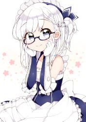 Rule 34 | 1girl, apron, arato asato, azur lane, belfast (azur lane), bespectacled, blue eyes, braid, glasses, gloves, hands on own cheeks, hands on own face, highres, little bel (azur lane), long hair, looking at viewer, maid, maid apron, maid headdress, one side up, sitting, smile, solo, white hair