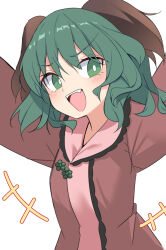 Rule 34 | +++, 1girl, animal ears, blush, bright pupils, dog ears, dress, e.o., green eyes, green hair, kasodani kyouko, long sleeves, looking at viewer, open mouth, pink dress, short hair, simple background, smile, solo, touhou, upper body, white background, white pupils