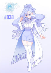 Rule 34 | 1girl, absurdres, alolan form, alolan ninetales, blue eyes, blue lips, coat, colored eyelashes, commentary, creature and personification, creatures (company), english commentary, full body, game freak, gen 7 pokemon, gradient background, hair between eyes, highres, long hair, nintendo, no shoes, official art inset, open clothes, open coat, open mouth, pencil skirt, personification, pokemon, pokemon (creature), purple background, purple eyes, purple skirt, rhymewithray, simple background, skirt, standing, thighhighs, wavy hair, white coat, white thighhighs