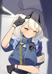 Rule 34 | 1girl, absurdres, armband, black gloves, blue archive, blurry, blurry foreground, blush, breasts, commentary request, gloves, hair between eyes, hat, highres, looking away, medium breasts, medium hair, nurse cap, portrait, sena (blue archive), shadow, silver hair, solo, wall, yellow eyes, yuki hishaku