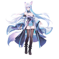 Rule 34 | 1girl, absurdres, animal ears, antenna hair, black footwear, black thighhighs, boots, breasts, cleavage, detached sleeves, dress, floating hair, fox ears, fox girl, fox tail, full body, grey hair, hair between eyes, highres, jewelry, kirby d a, large breasts, long hair, looking at viewer, original, parted lips, purple eyes, ring, simple background, smile, solo, standing, strapless, strapless dress, tachi-e, tail, thighhighs, very long hair, white background, white dress, wide sleeves