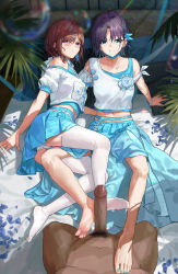 Rule 34 | 2girls, absurdres, arm support, asakura toru, ass, asymmetrical clothes, barefoot, belt, blue belt, blue eyes, blue nails, blue ribbon, blue skirt, blue tank top, blush, bracelet, breasts, brown hair, censored, clothed female nude male, cooperative footjob, crop top, dark-skinned male, dark skin, earrings, feet, footjob, frown, grin, hair intakes, hair ornament, hair over eyes, hair over one eye, hair ribbon, hairclip, highres, higuchi madoka, idolmaster, idolmaster shiny colors, jewelry, kneeling, large penis, leg between thighs, legs, looking at viewer, lying, medium breasts, midriff, miniskirt, mole, mole under eye, mosaic censoring, multiple girls, nail polish, navel, neck ribbon, nude, on side, panties, parted bangs, penis, petals, pleated skirt, pov, puffy short sleeves, puffy sleeves, purple eyes, purple hair, ribbon, shirt, short hair, short sleeves, sitting, skirt, smile, soap bubbles, soles, striped clothes, striped panties, tank top, thighhighs, toenail polish, toenails, underwear, vertical-striped clothes, vertical-striped panties, white panties, white shirt, white tank top, x hair ornament, yuebaihezi