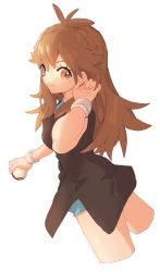 Rule 34 | 1girl, ankea (a-ramo-do), arm up, black dress, blue shorts, breasts, brown eyes, brown hair, closed mouth, creatures (company), cropped legs, dress, female focus, from behind, game freak, green (pokemon), happy, highres, holding, holding poke ball, long hair, looking at viewer, looking back, matching hair/eyes, medium breasts, nintendo, poke ball, poke ball (basic), pokemon, pokemon lgpe, short dress, short shorts, shorts, simple background, smile, solo, standing, white background, wristband