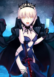 Rule 34 | 1girl, artoria pendragon (all), artoria pendragon (alter swimsuit rider) (third ascension) (fate), artoria pendragon (fate), besmiled, blonde hair, blush, breasts, cleavage, fate (series), food, highres, looking at viewer, navel, open mouth, popsicle, saber alter, short hair, smile, solo, sword, weapon, yellow eyes