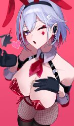 Rule 34 | 1girl, alternate costume, animal ears, bare shoulders, between breasts, black gloves, black thighhighs, breasts, coin, collarbone, cowboy shot, detached collar, detached sleeves, earbuds, earphones, fishnet pantyhose, fishnets, from above, gloves, grey hair, hand on own chest, highres, honkai: star rail, honkai (series), large breasts, leotard, long sleeves, looking at viewer, low neckline, multicolored hair, necktie, numby (honkai: star rail), one eye closed, open mouth, pantyhose, pink background, playboy bunny, rabbit ears, red leotard, red necktie, sanshoku dango (ahxf3842), short hair, skindentation, solo, strapless, strapless leotard, streaked hair, thighhighs, topaz (honkai: star rail), trotter (honkai: star rail)