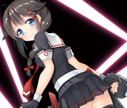 Rule 34 | 10s, 1girl, black hair, blue eyes, braid, breasts, cannon, gloves, gun, hair ornament, hair over shoulder, hairclip, kantai collection, long hair, looking back, personification, pleated skirt, school uniform, serafuku, shigure (kancolle), single braid, skirt, small breasts, smile, solo, syuurin, torpedo, turret, weapon