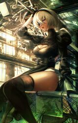 Rule 34 | 1girl, 2b (nier:automata), absurdres, black dress, black hairband, black thighhighs, boots, cindy (cindyart), clothing cutout, dress, factory, feather-trimmed sleeves, hair between eyes, hairband, highres, juliet sleeves, leotard, lips, long sleeves, looking at viewer, mole, mole under mouth, nier:automata, nier (series), no blindfold, pod (nier:automata), puffy sleeves, short hair, signature, sitting, solo, thighhighs, thighhighs under boots, virtuous contract, watermark, web address, white hair, white leotard
