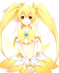 Rule 34 | 10s, 1girl, bad id, bad pixiv id, blonde hair, bow, brooch, cure sunshine, hair ribbon, heart, heart brooch, heartcatch precure!, long hair, magical girl, midriff, myoudouin itsuki, navel, precure, ribbon, richard, skirt, smile, solo, twintails, v arms, yellow bow, yellow eyes, yellow skirt, yellow theme