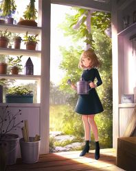 Rule 34 | 1girl, :o, birdhouse, blue dress, blue socks, brown hair, bucket, dress, forest, grass, high heels, indoors, jewelry, lazuri7, long sleeves, looking at viewer, nature, necklace, original, plant, potted plant, red eyes, shadow, shelf, short hair, socks, solo, stepping stones, vines, watering can, wooden floor