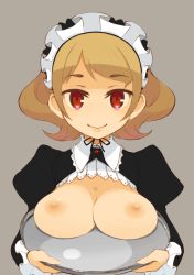 Rule 34 | 1girl, blonde hair, breast rest, breasts, breasts on tray, breasts out, carried breast rest, carrying, large breasts, maid, maid headdress, mota, nipples, original, red eyes, simple background, smile, solo, tray, upper body