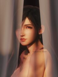 Rule 34 | 1girl, 3d, artist name, bare shoulders, black hair, closed mouth, collarbone, curtains, earrings, final fantasy, final fantasy vii, final fantasy vii remake, highres, jewelry, lips, looking at viewer, nude, portrait, red eyes, red lips, ria-neearts, single earring, solo, square enix, swept bangs, teardrop earring, tifa lockhart, upper body