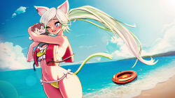 Rule 34 | 1girl, animal ears, beach, bikini, blue sky, breasts, cat ears, clickdraws, cloud, commission, heart, heart-shaped pupils, highres, hug, ocean, open mouth, original, ponytail, ribbon, self-upload, sky, smile, summer, swimsuit, symbol-shaped pupils, tail, tattoo, virtual youtuber, white hair