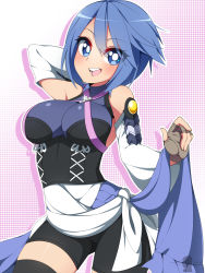 Rule 34 | 1girl, :d, absurdres, aqua (kingdom hearts), bare shoulders, bike shorts, black thighhighs, blue eyes, blue hair, breasts, bright pupils, cowboy shot, detached sleeves, fingerless gloves, gloves, gradient background, highres, kingdom hearts, open mouth, pink background, short hair, skin tight, smile, solo, thighhighs, totallyiryanic, white background, white pupils