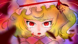 Rule 34 | 1girl, ascot, blonde hair, candle, closed mouth, crystal, curtains, flandre scarlet, ghost rule (vocaloid), hair ribbon, highres, medium hair, parody, red eyes, red nails, red ribbon, ribbon, shirt, touhou, user rkeu7372, vocaloid, white shirt, window, wrist cuffs
