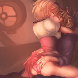 Rule 34 | 1boy, 1girl, ass grab, bad id, bad pixiv id, blonde hair, blue sweater, brown hair, cameltoe, clothes lift, djeeta (granblue fantasy), closed eyes, french kiss, frilled sleeves, frills, girl on top, gran (granblue fantasy), granblue fantasy, hairband, hetero, high-waist skirt, highres, hood, hood down, hooded sweater, kiss, light particles, miniskirt, ozehex, panties, pink panties, pink skirt, red hairband, shirt, short hair, short sleeves, sitting, skirt, skirt lift, spiked hair, sweater, underwear, white shirt