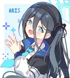 Rule 34 | 1girl, aqua halo, aris (blue archive), black hair, black hairband, black jacket, blue archive, blue eyes, blue necktie, blush, character name, collared shirt, commentary, dress shirt, from side, hair between eyes, hairband, halo, happy, head tilt, highres, jacket, looking at viewer, multicolored clothes, multicolored jacket, necktie, one side up, open clothes, open mouth, own hands together, rectangular halo, revision, school uniform, shirt, sidelocks, smile, solo, two-tone jacket, white jacket, white shirt, zoirun