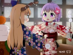 Rule 34 | 2020, 2girls, :o, ahoge, alternate costume, bad id, bad pixiv id, blurry, blurry background, blush, brown eyes, commentary request, cowboy shot, dango, depth of field, eye contact, flower, food, from behind, fruit, furisode, hair flower, hair ornament, happy new year, holding, holding needle, horn ornament, horn ribbon, horns, ibuki suika, japanese clothes, kagami mochi, kimono, light particles, light purple hair, long hair, looking at another, mandarin orange, mini person, minigirl, multiple girls, needle, new year, obi, open mouth, orange hair, outstretched arms, poco (zdrq3), print kimono, purple eyes, ribbon, sash, short hair, shouji, sliding doors, spread arms, standing, sukuna shinmyoumaru, touhou, tying, unmoving pattern, very long hair, wagashi