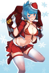 Rule 34 | 1girl, arched back, bell, bikini, blue background, blue eyes, blue hair, blush, breasts, carillus, christmas, cleavage, collarbone, commentary, cropped jacket, embarrassed, folded ponytail, front-tie bikini top, front-tie top, fur-trimmed jacket, fur trim, gloves, gradient background, halterneck, handbell, hat, high heels, highleg, highleg bikini, highres, holding, holding bell, jacket, jingle bell, large breasts, leg up, long sleeves, looking at viewer, mini hat, nose blush, open clothes, open jacket, open mouth, original, pleated skirt, red bikini, red footwear, red jacket, red skirt, sack, santa costume, santa hat, shiny clothes, shiny skin, short hair, skindentation, skirt, smile, snowflake background, solo, standing, standing on one leg, striped bikini, striped clothes, sweatdrop, swimsuit, thighhighs, white gloves, white thighhighs, zettai ryouiki