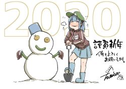 Rule 34 | 1girl, blue footwear, blue hair, blue skirt, blush, boots, closed eyes, cucumber, facing viewer, flanvia, flying sweatdrops, green hat, hair bobbles, hair ornament, hat, holding, holding shovel, jacket, kawashiro nitori, long sleeves, miniskirt, parted lips, red jacket, shovel, skirt, smile, snowman, solo, touhou, translation request, twintails