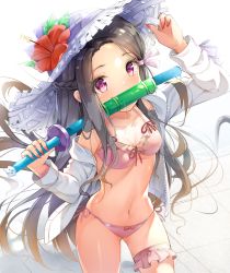 Rule 34 | 1girl, alternate costume, bamboo, bikini, bit gag, black hair, blush, braid, breasts, brown hair, contemporary, fingernails, flower, flower hat, gag, hair ribbon, has bad revision, has downscaled revision, hat, highres, holding, holding toy, jacket, kamado nezuko, kimetsu no yaiba, long fingernails, long hair, looking at viewer, md5 mismatch, medium breasts, multicolored hair, nail polish, navel, parted bangs, pedo0201, pink bikini, pink ribbon, purple eyes, red flower, resolution mismatch, ribbon, sharp fingernails, solo, source smaller, straw hat, swimsuit, sword, toy, two-tone hair, weapon, white hat, white jacket