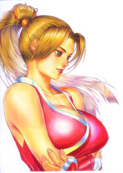 Rule 34 | 1girl, absurdres, arm guards, bare shoulders, breasts, brown eyes, brown hair, closed mouth, collarbone, commentary request, crossed arms, fatal fury, fingerless gloves, fingernails, fujiwara hisashi, gloves, high ponytail, highres, huge filesize, japanese clothes, large breasts, lips, lipstick, long hair, looking away, makeup, ninja, parted bangs, ponytail, red lips, shiny clothes, shiranui mai, simple background, sleeveless, solo, the king of fighters, upper body, white background